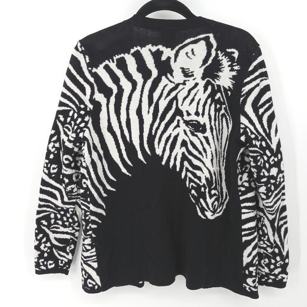 Chicos Cardigan Women Medium Black White Zebra Animal Print Cotton Open Front